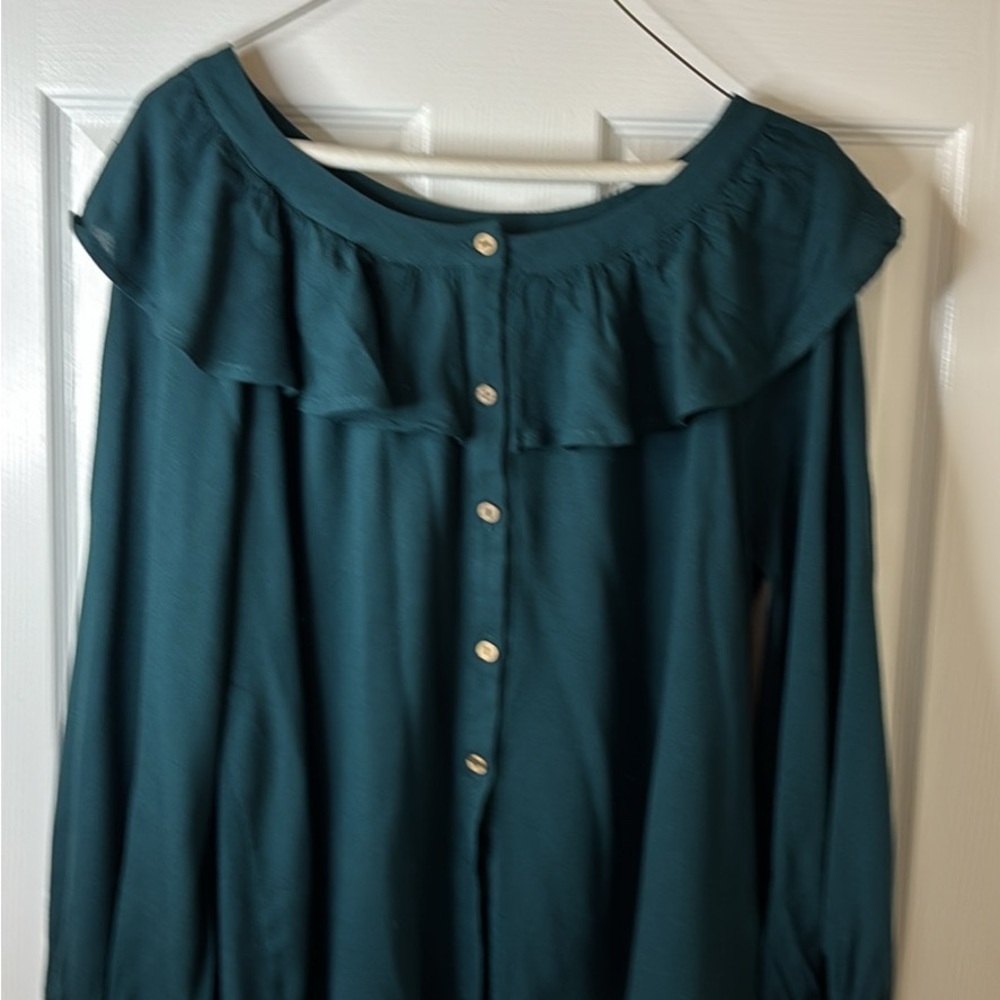 JODIFL Teal Ruffled Bateau Neck Long-Sleeve Blouse Rayon Flows Generous Small
